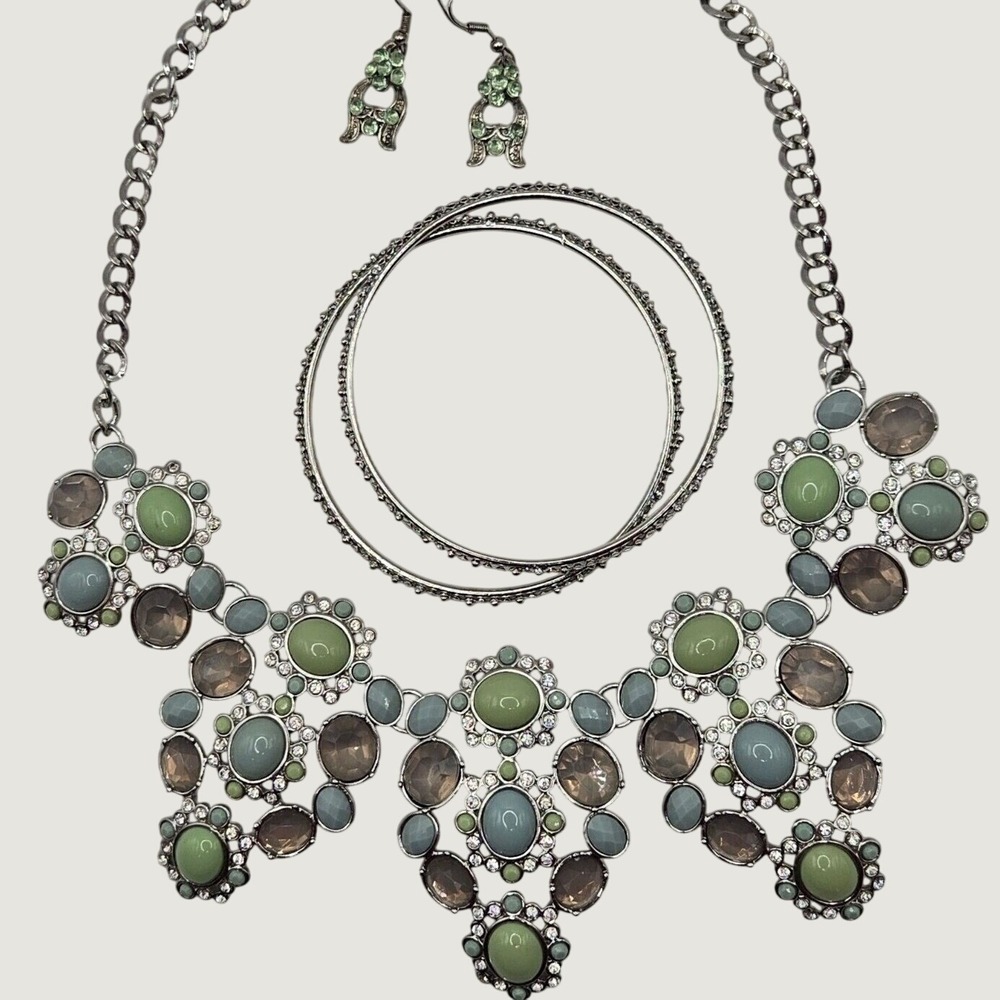 Pastel‎ Rhinestone Jewelry Set Necklace Earrings Bracelets Green Blue Grey